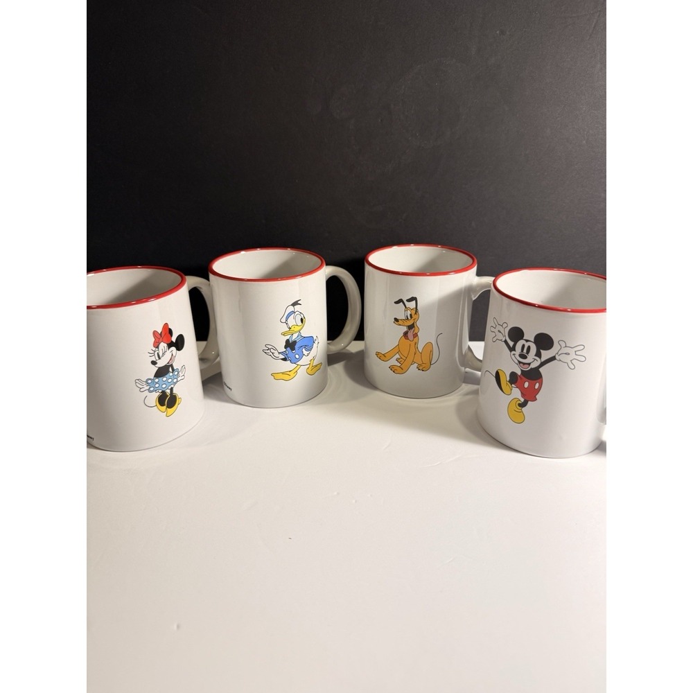 Disney Mickey Minnie Donald Pluto Coffee Mug Set of 4 Red Rim